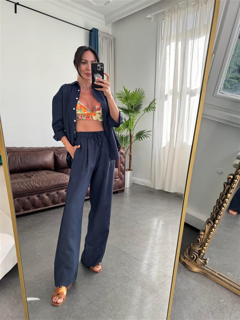 Lacivert Bağcıklı ve Lastikli Keten Pantolon