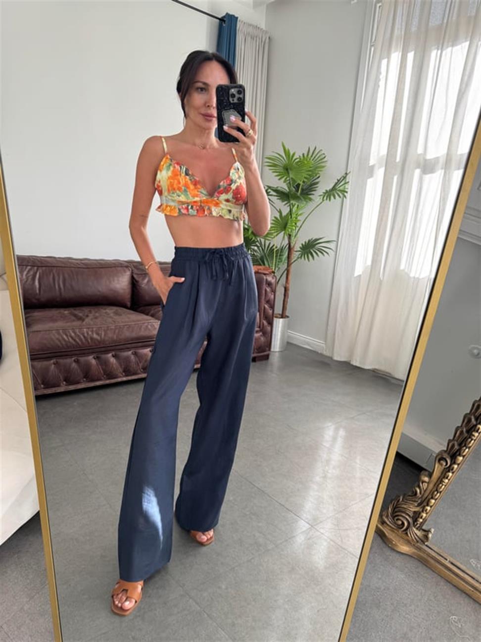 Lacivert Bağcıklı ve Lastikli Keten Pantolon