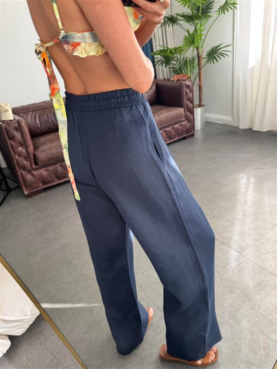 Lacivert Bağcıklı ve Lastikli Keten Pantolon