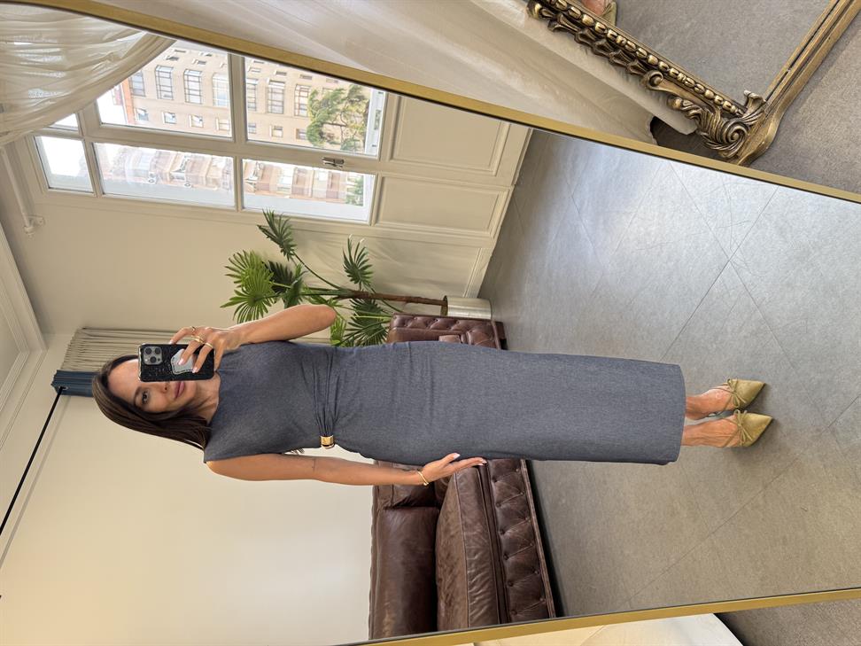 Lacivert Beli Gold Toka Detay Kolsuz Elbise