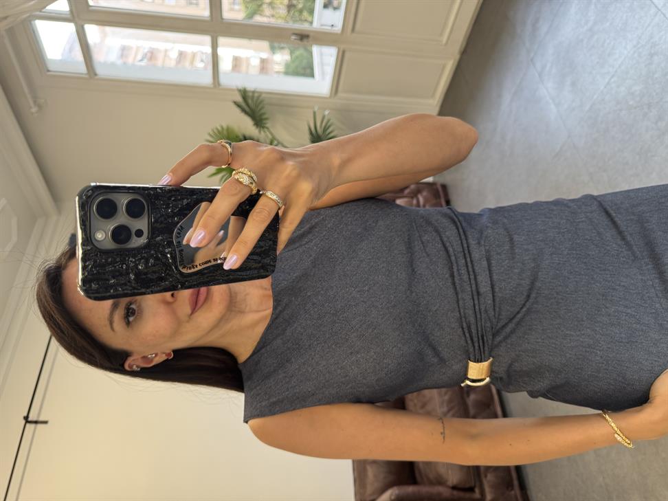 Lacivert Beli Gold Toka Detay Kolsuz Elbise