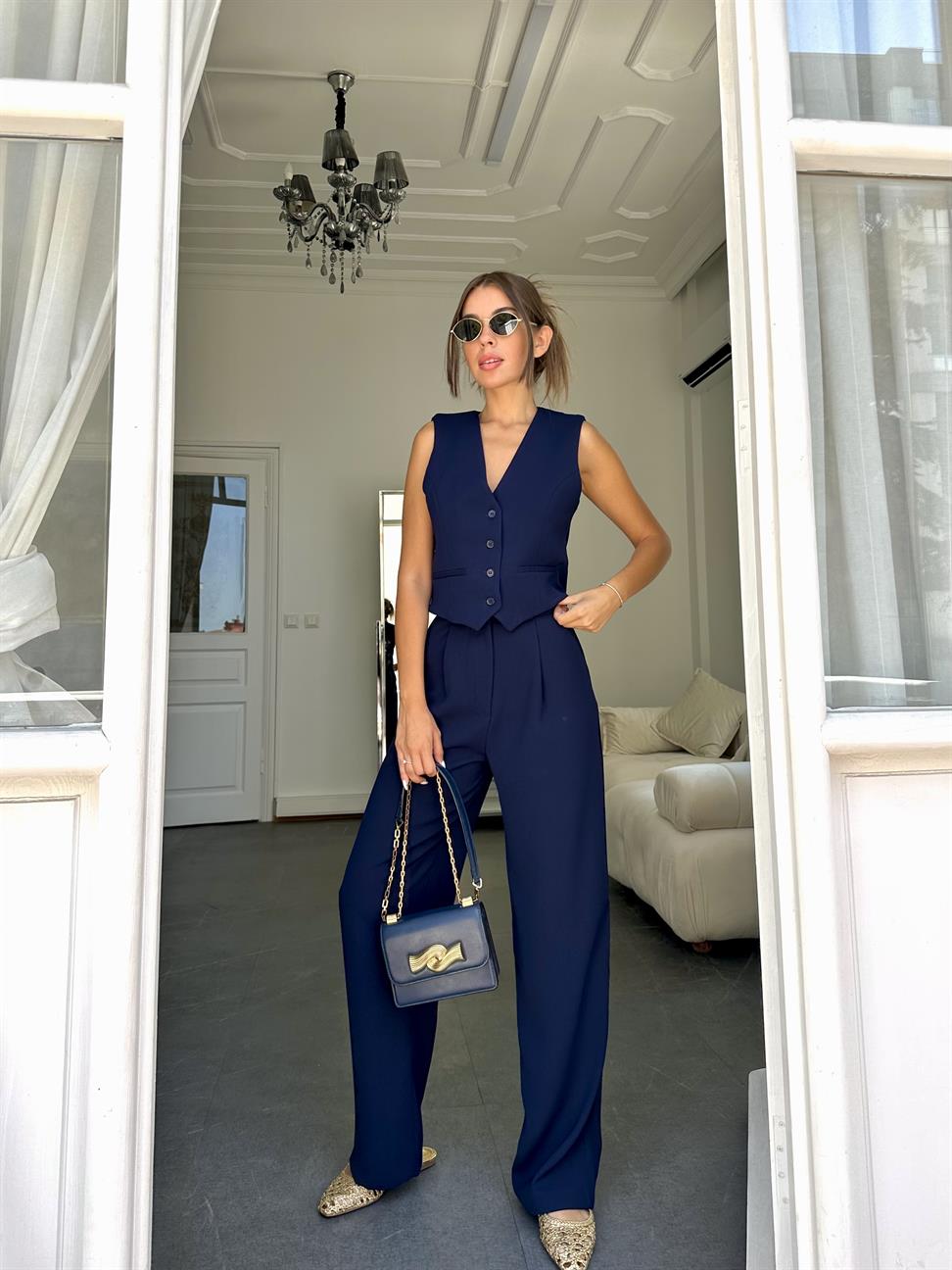 Lacivert  Bol Paçalı Kadın Pantolon