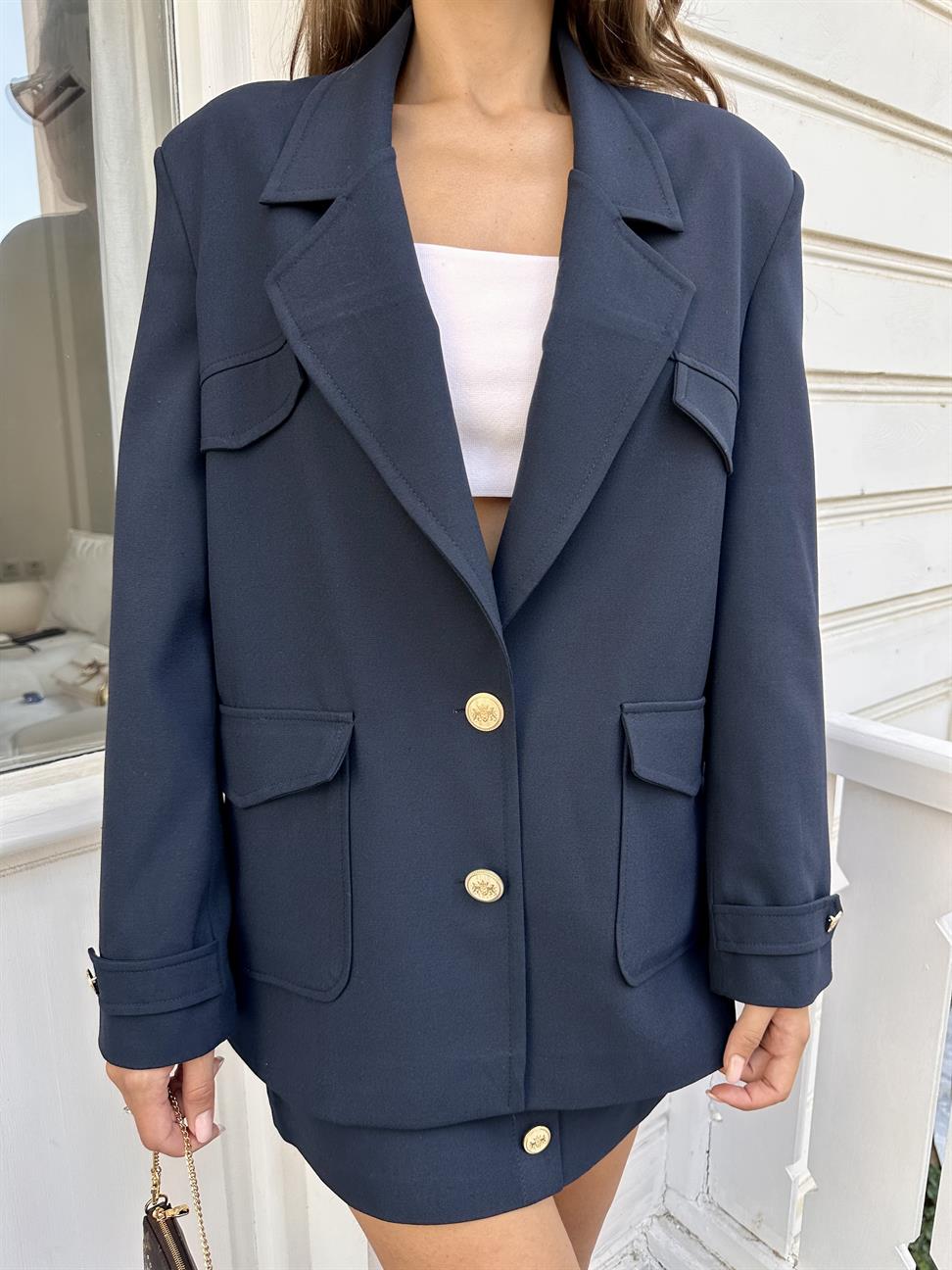 Lacivert Cep Detaylı Oversize Ceket
