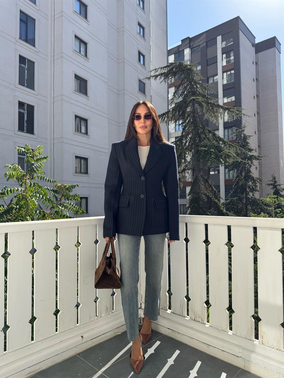 Lacivert Çizgili Bel Oturtmalı Blazer Ceket