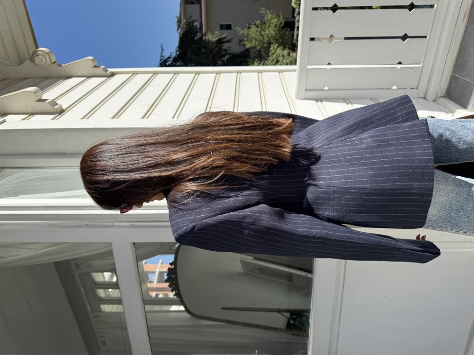 Lacivert Çizgili Bel Oturtmalı Blazer Ceket