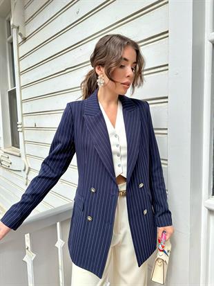 Lacivert Çizgili Blazer Ceket
