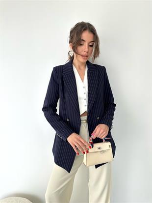 Lacivert Çizgili Blazer Ceket