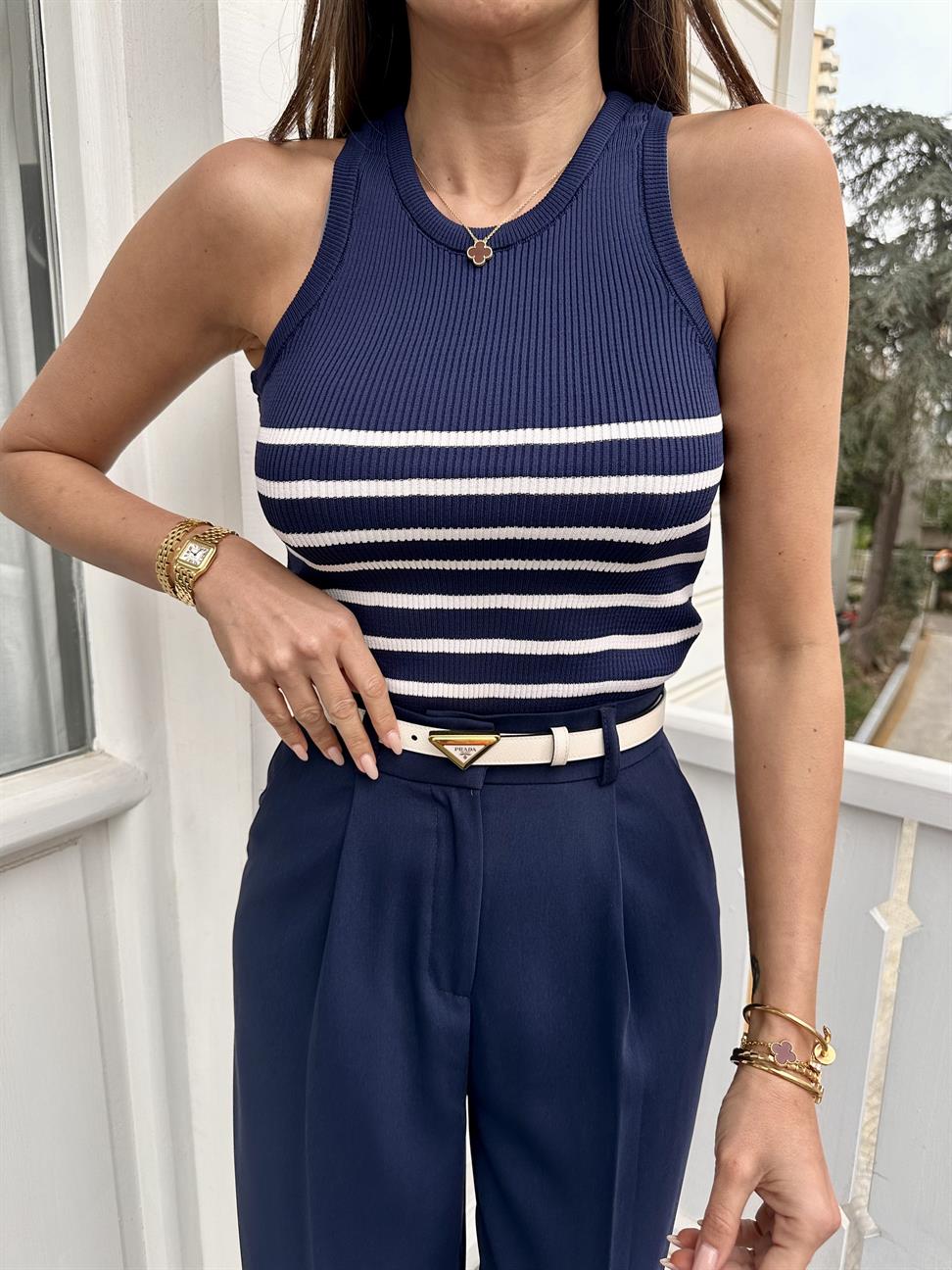 Lacivert Çizgili Çelik Örme Atlet