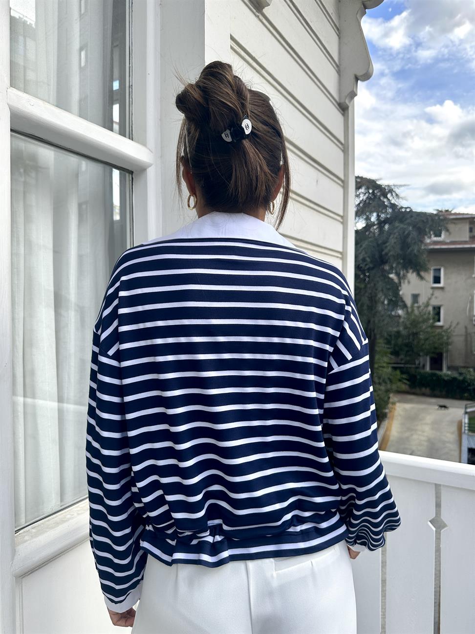 Lacivert Çizgili Garnili Sweat