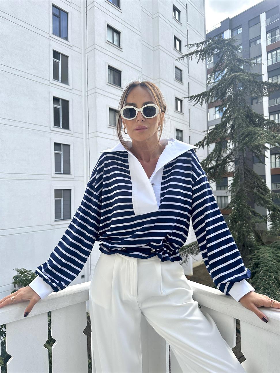 Lacivert Çizgili Garnili Sweat