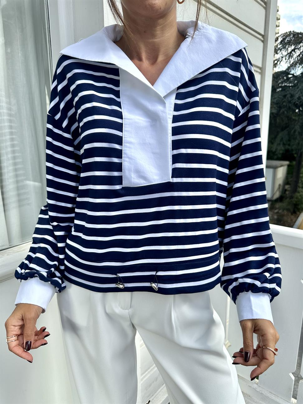 Lacivert Çizgili Garnili Sweat