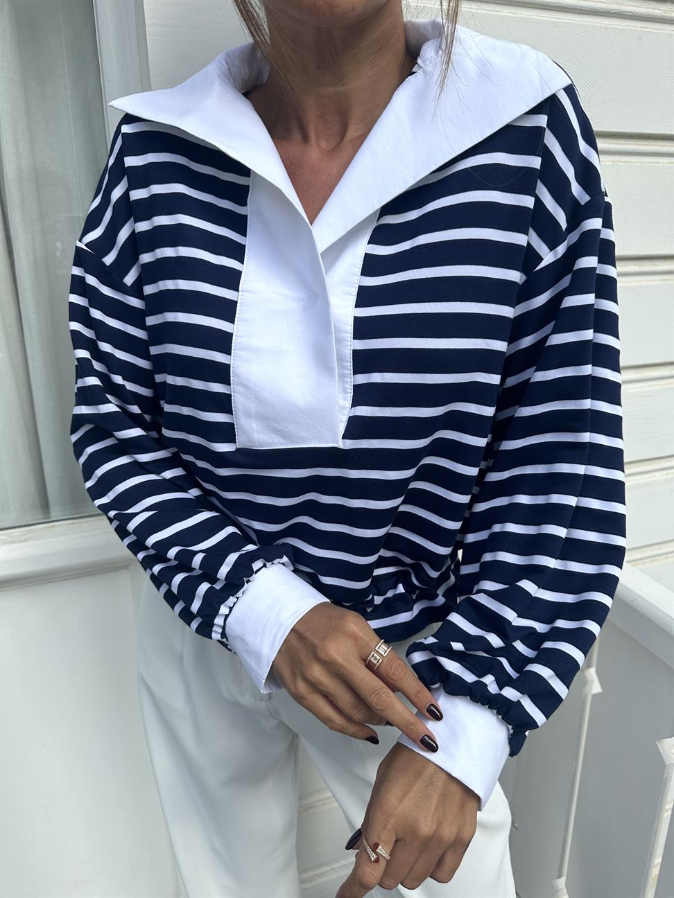 Lacivert Çizgili Garnili Sweat