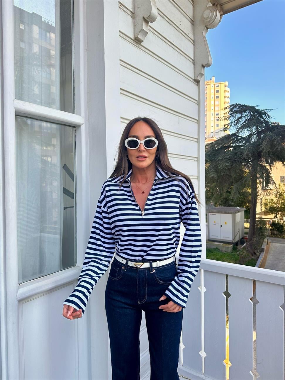 Lacivert Çizgili İnce Sweatshirt