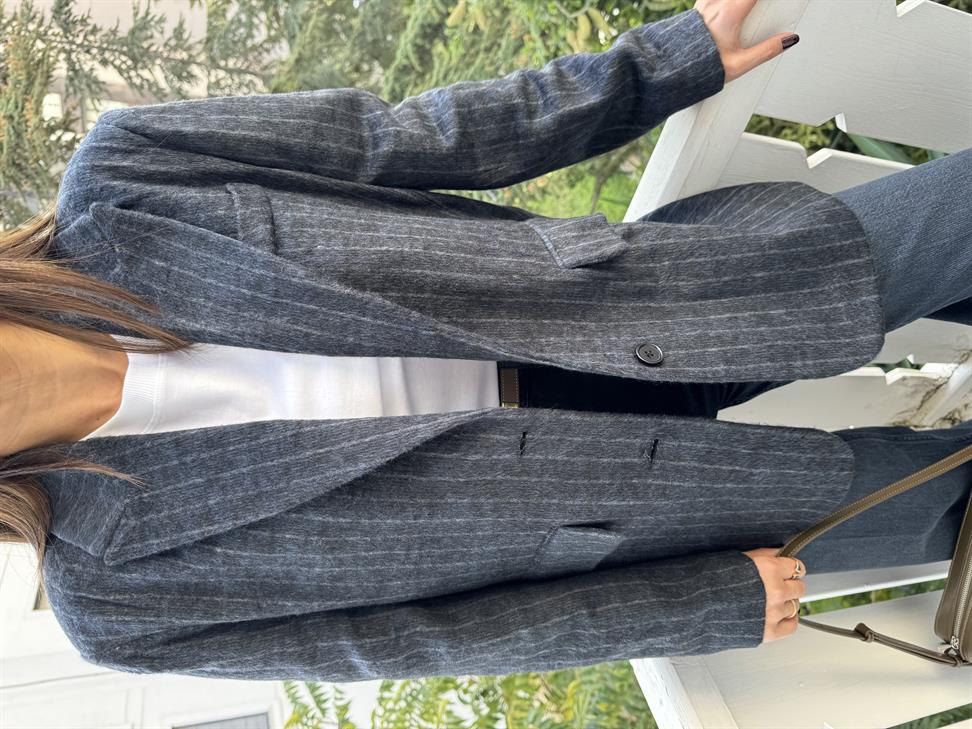 Lacivert Çizgili Kaşe Ceket