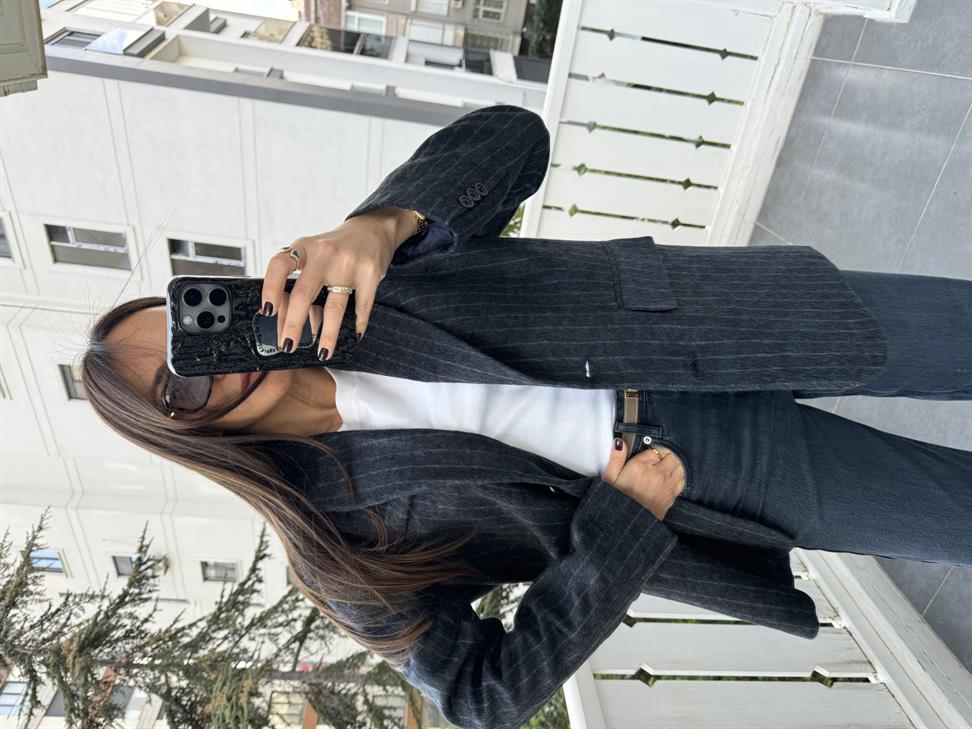 Lacivert Çizgili Kaşe Ceket