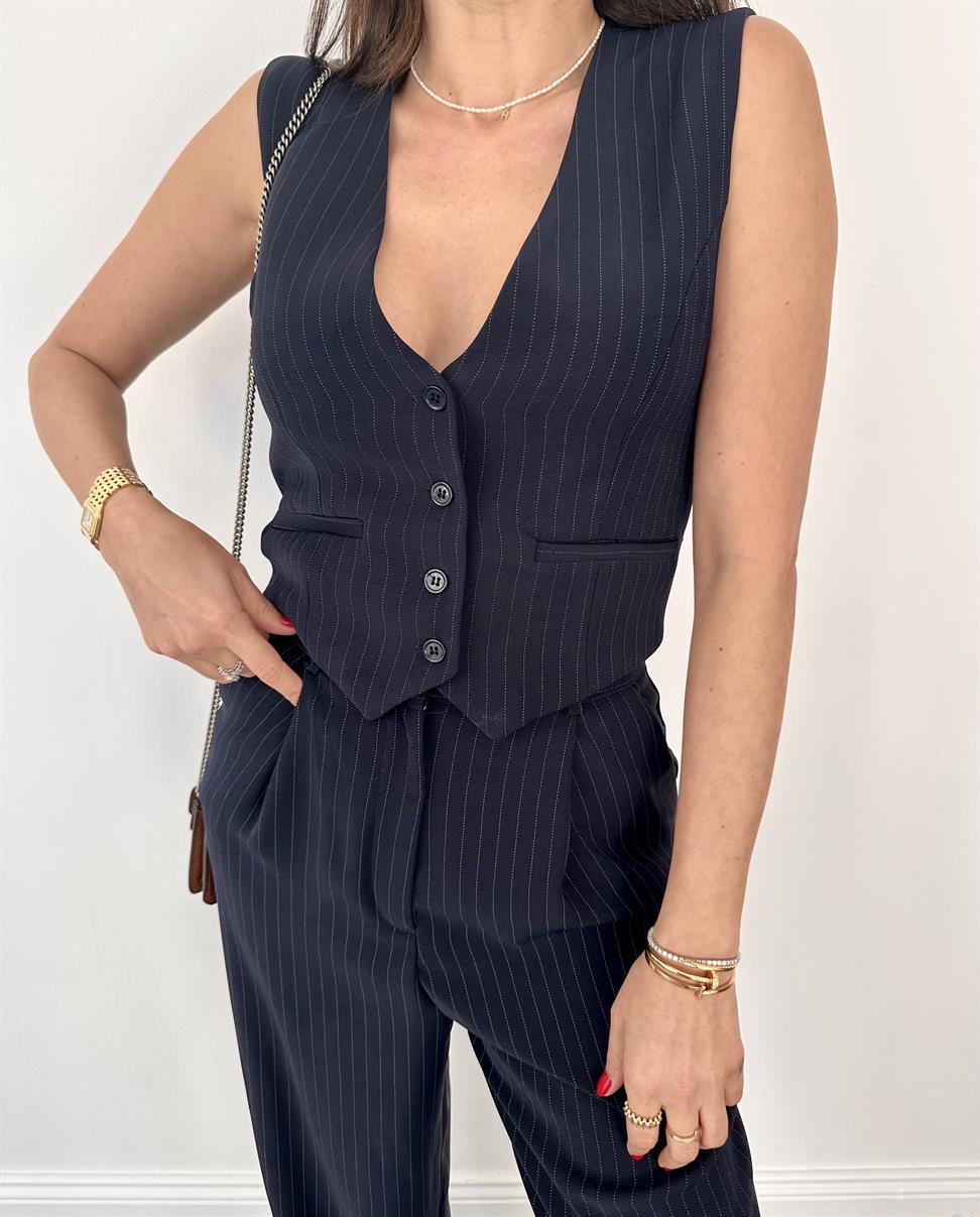 Lacivert Çizgili Önden Düğmeli Yelek