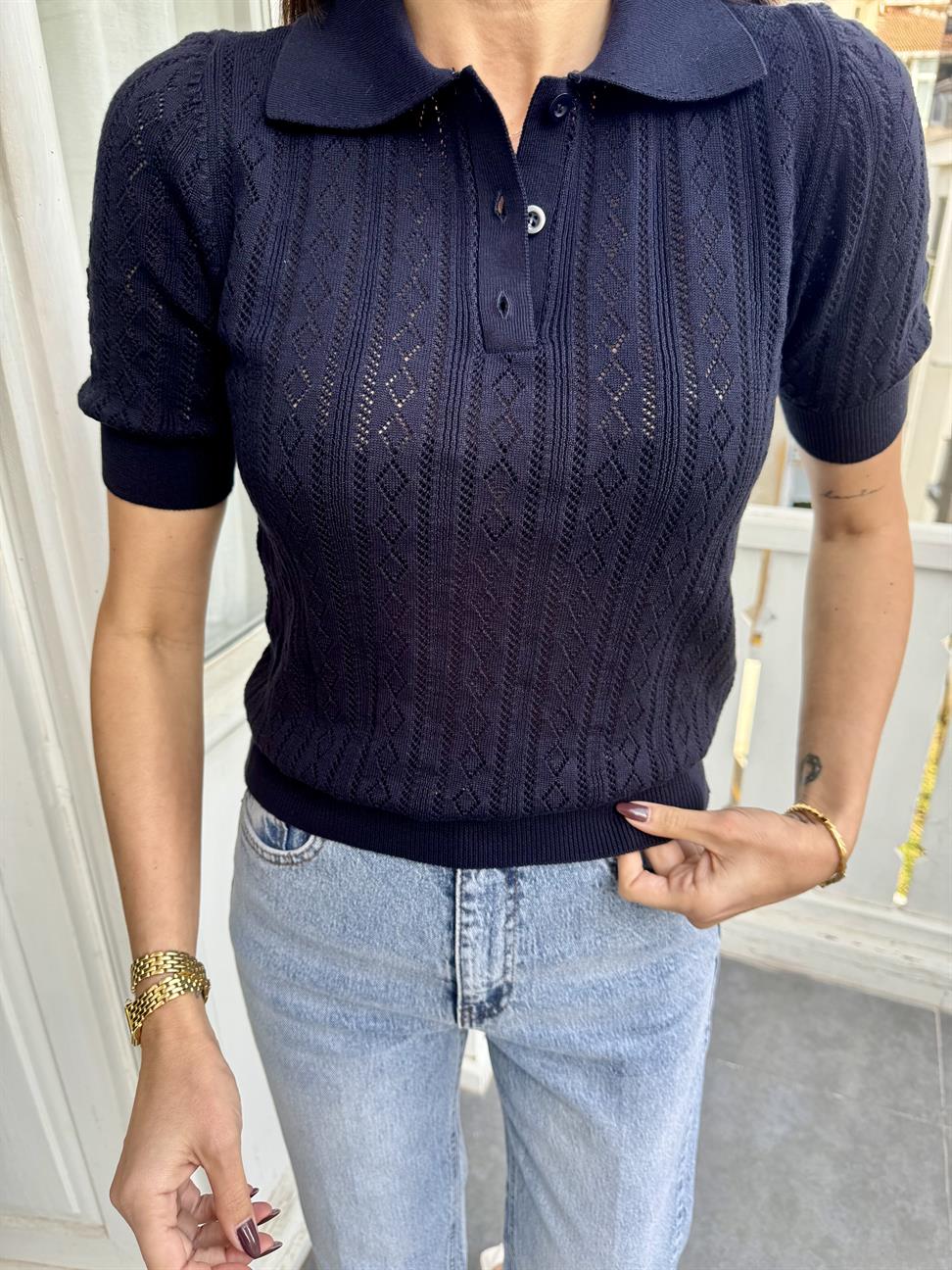 Lacivert Delikli Polo Yaka Triko