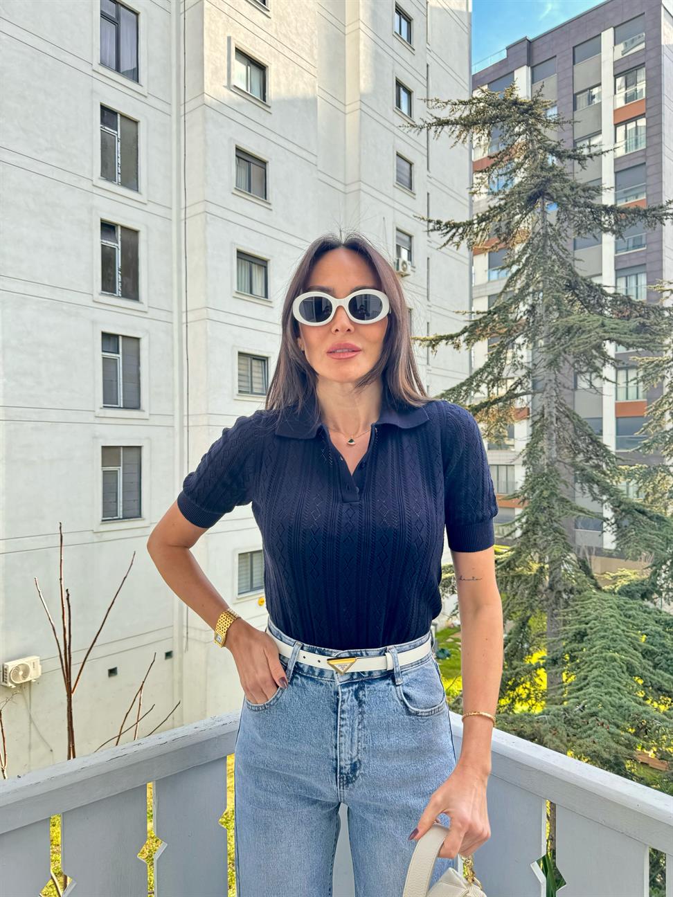 Lacivert Delikli Polo Yaka Triko