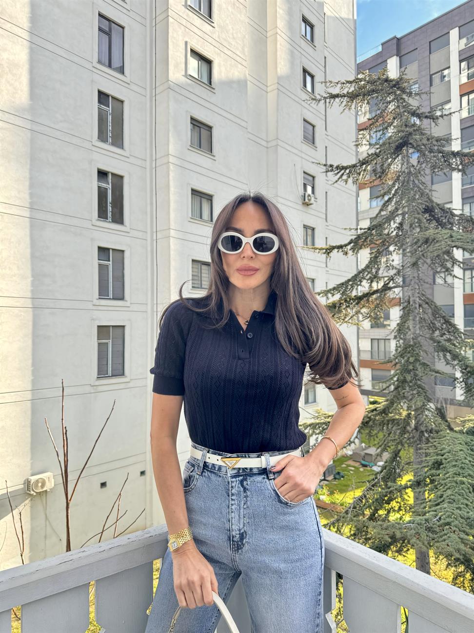 Lacivert Delikli Polo Yaka Triko