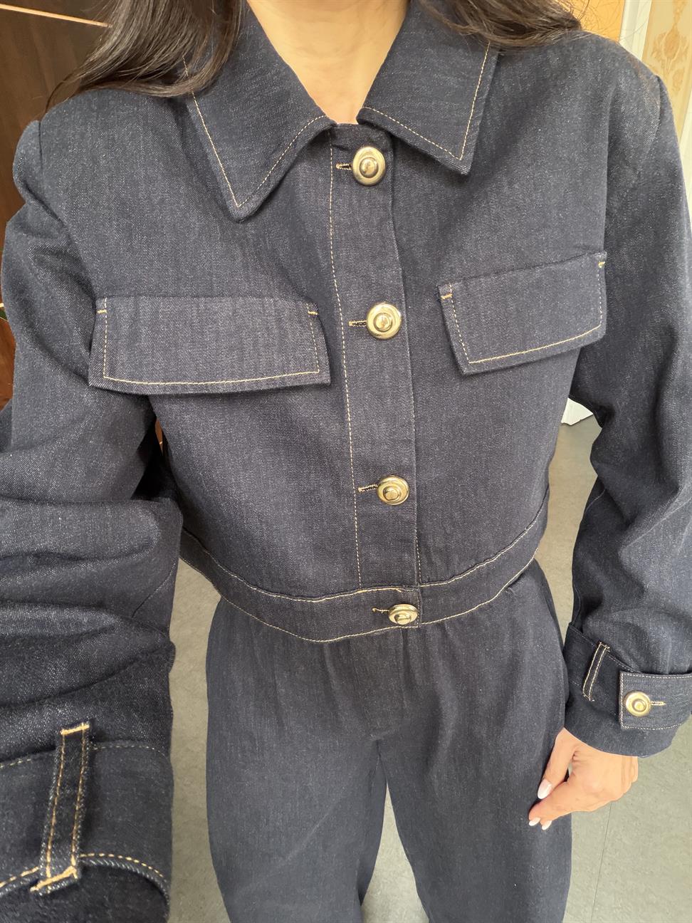 Lacivert Denim Düğmeli Ceket