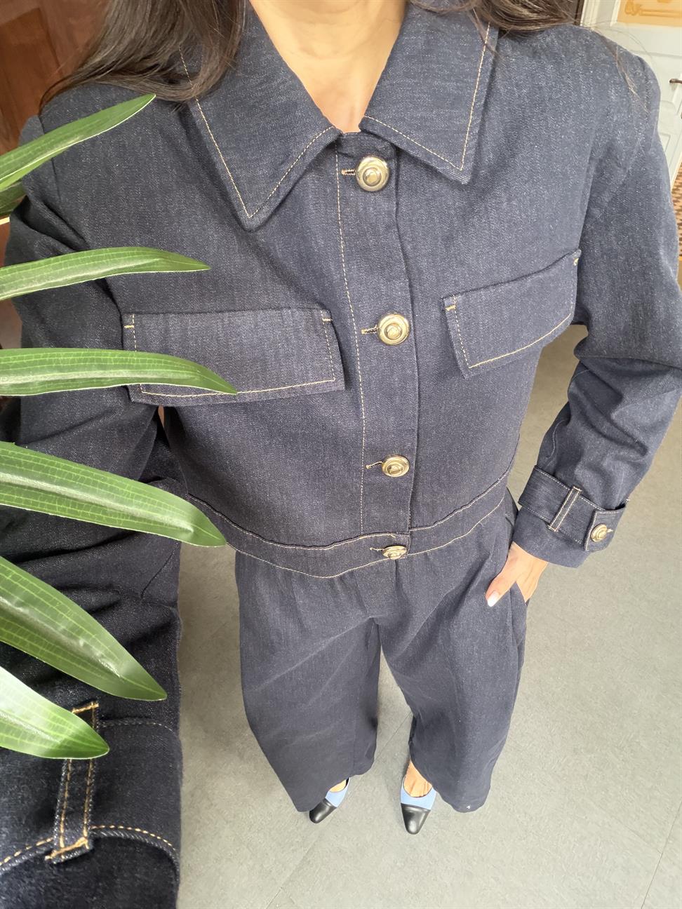 Lacivert Denim Düğmeli Ceket