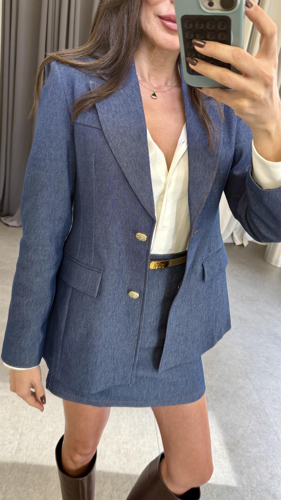 Lacivert Denim Etek Ceket Takım