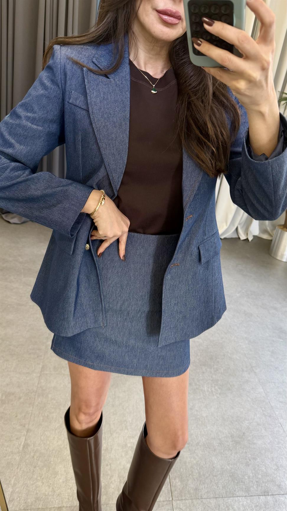 Lacivert Denim Etek Ceket Takım