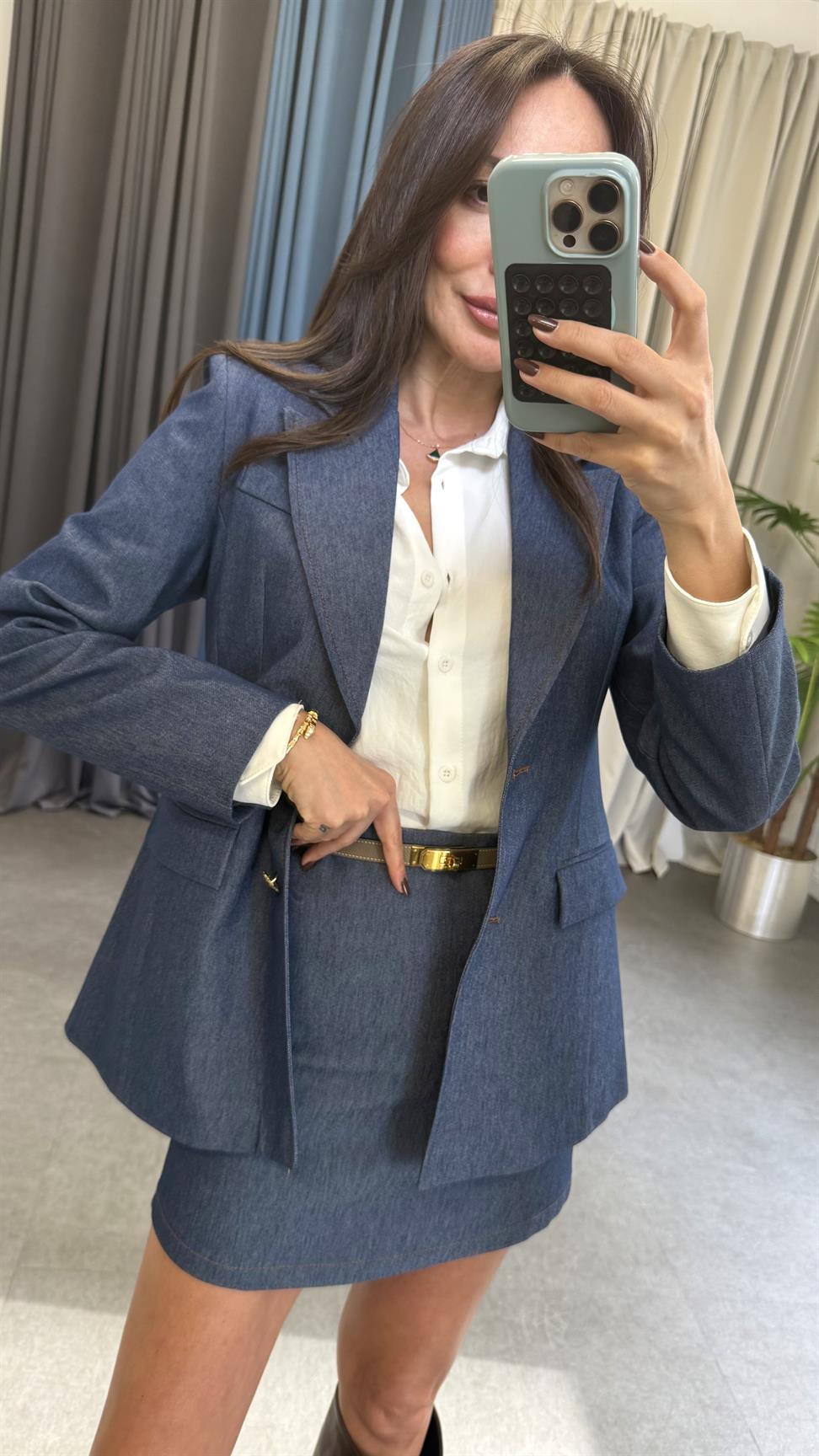 Lacivert Denim Etek Ceket Takım