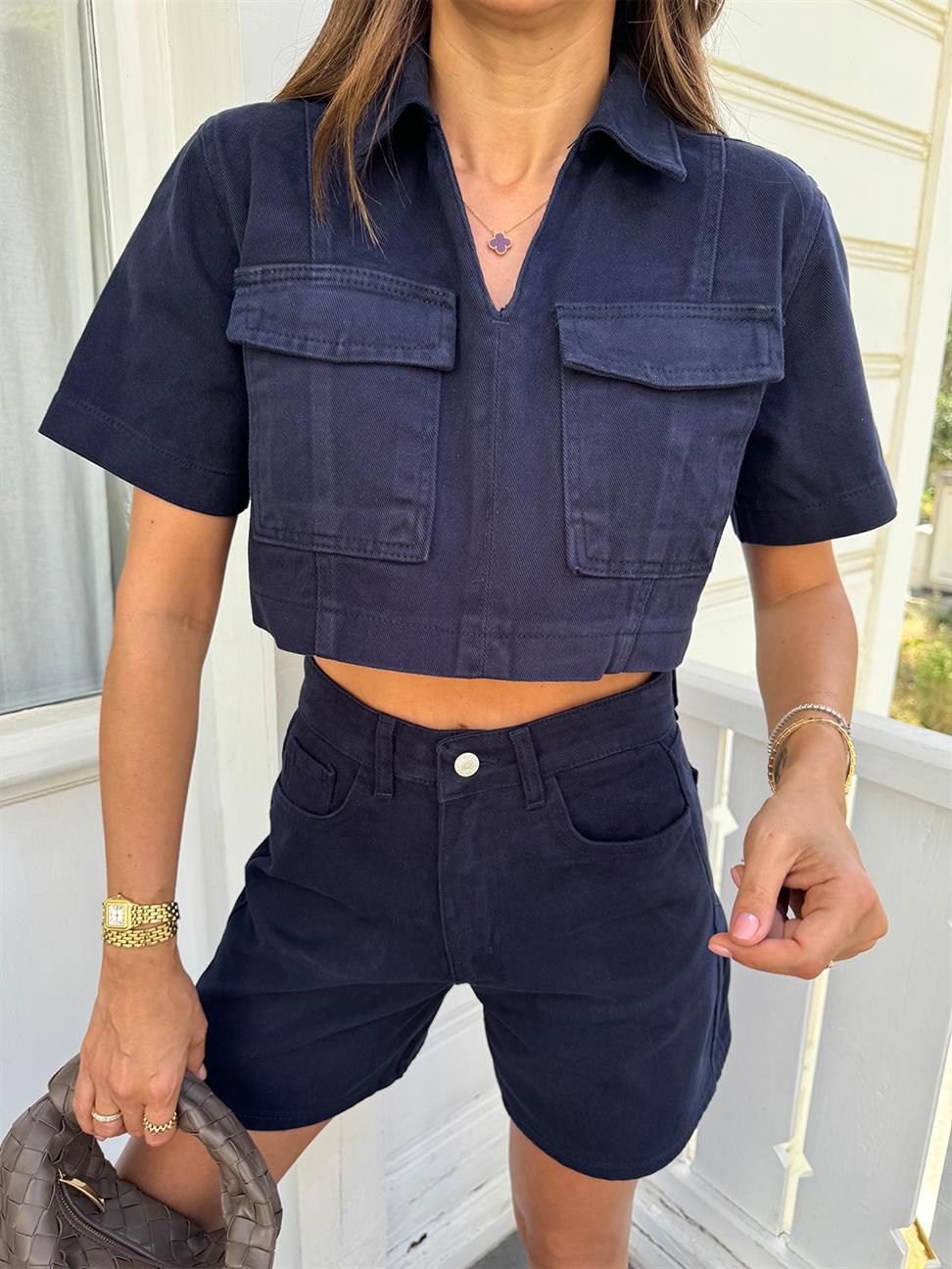 Lacivert Denim Şort Takım