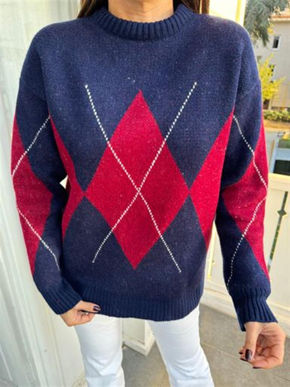 Lacivert Dikdörtgen Desen Kazak