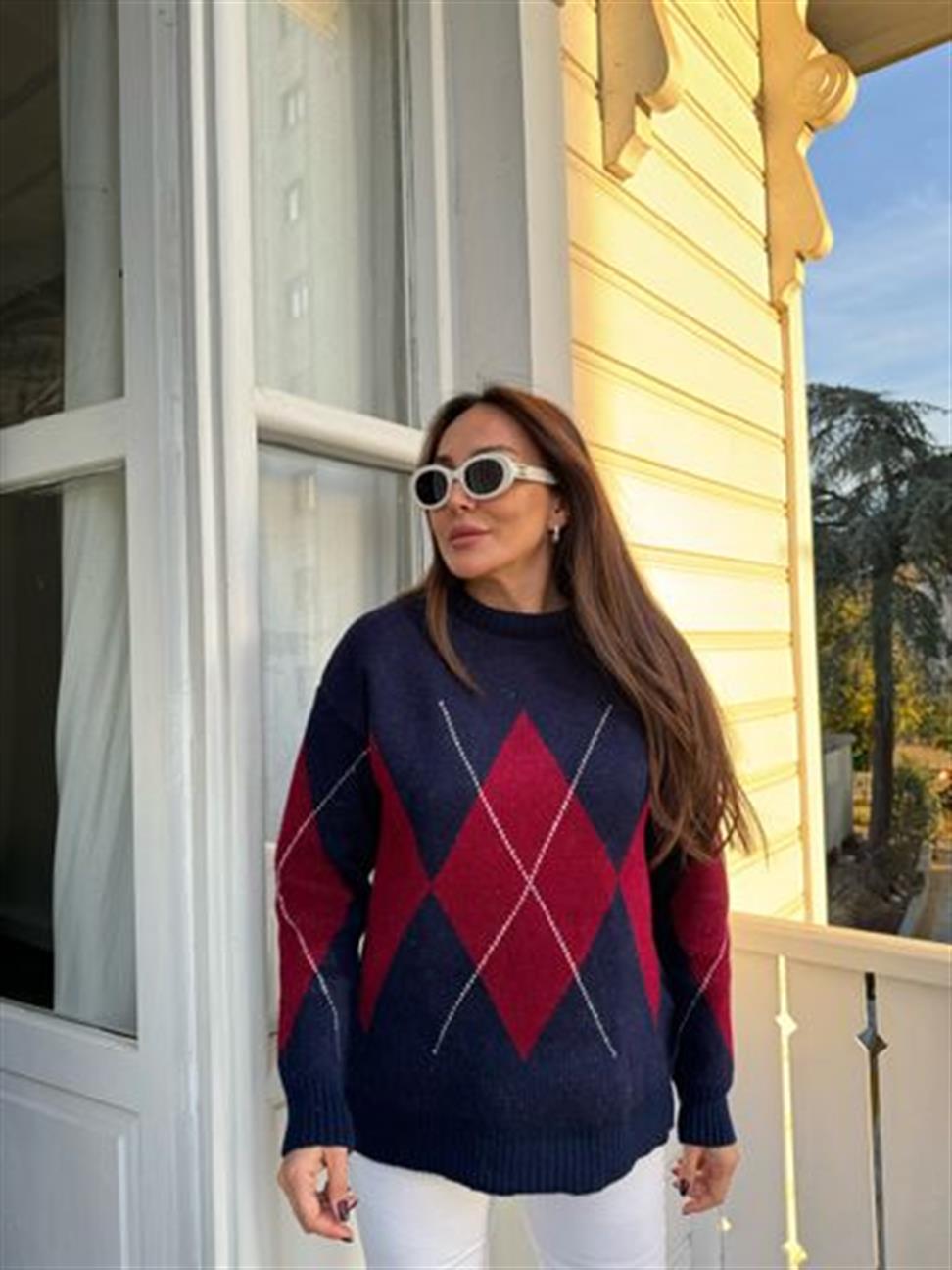 Lacivert Dikdörtgen Desen Kazak