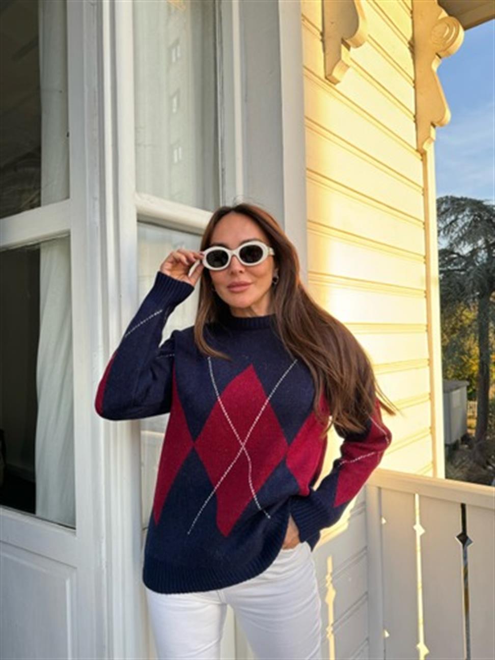 Lacivert Dikdörtgen Desen Kazak