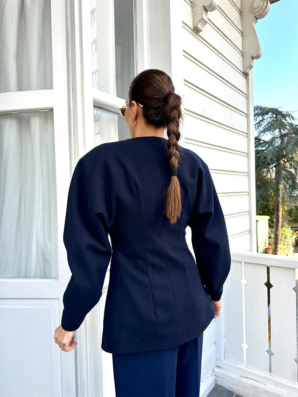 Lacivert Gül Detay Cepli Tek Düğmeli Ceket