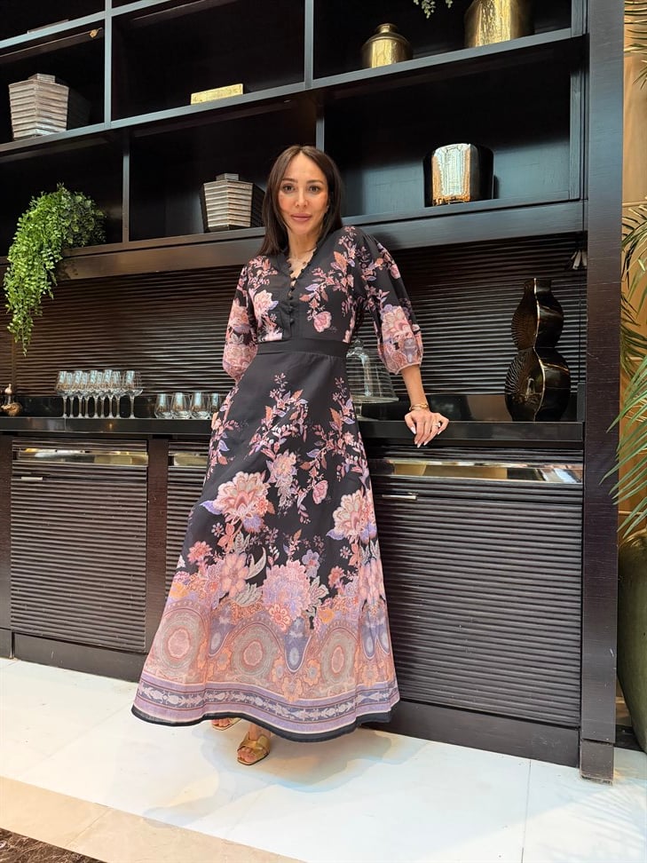 Siyah Hakim Yaka Desenli Yarım Kol Elbise