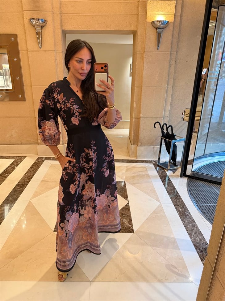 Lacivert Hakim Yaka Desenli Yarım Kol Elbise