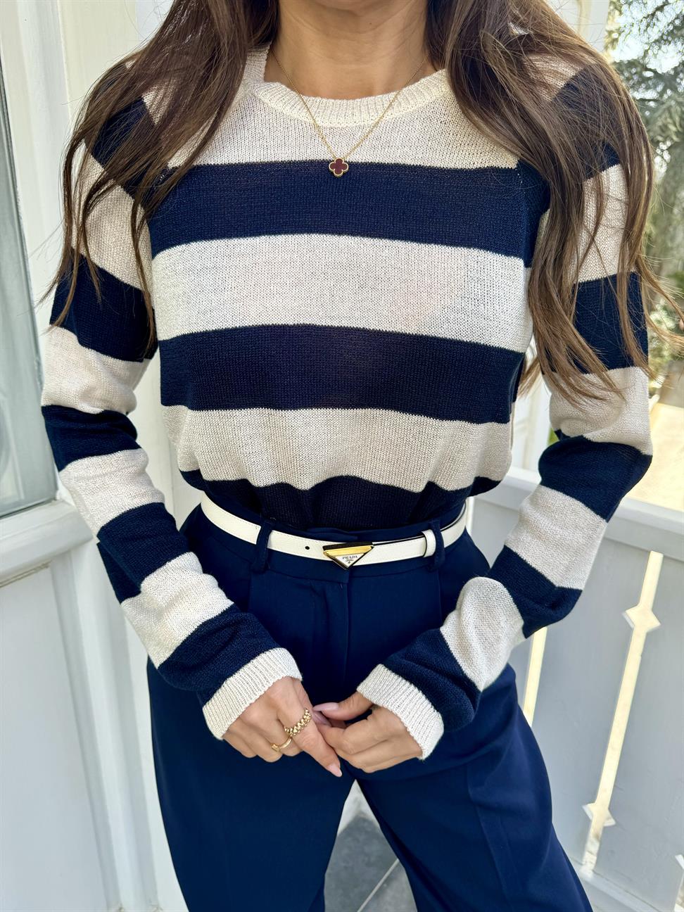 Lacivert Kalın Çizgili Merserize Triko