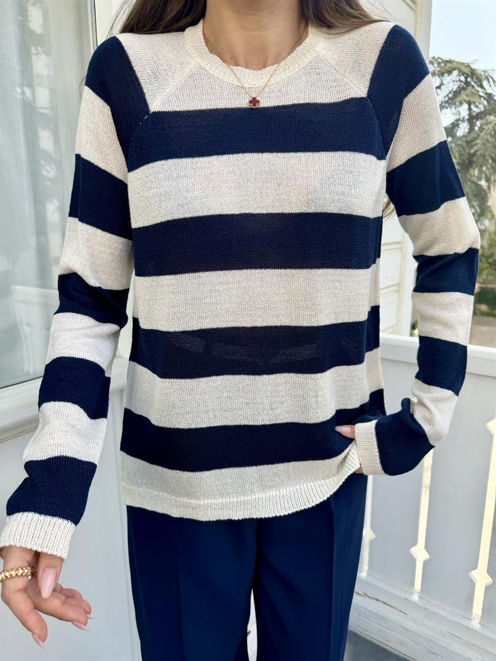 Lacivert Kalın Çizgili Merserize Triko