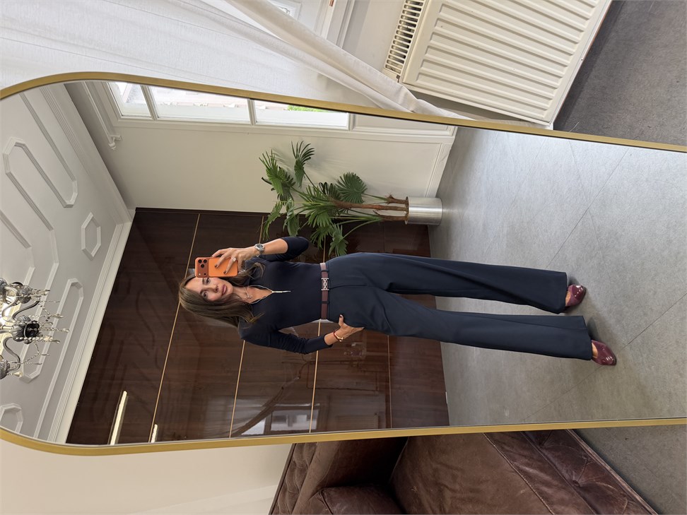 Lacivert Kancalı Wide Leg Kumaş Pantolon