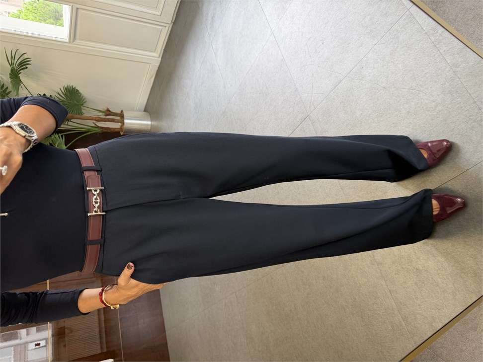 Lacivert Kancalı Wide Leg Kumaş Pantolon