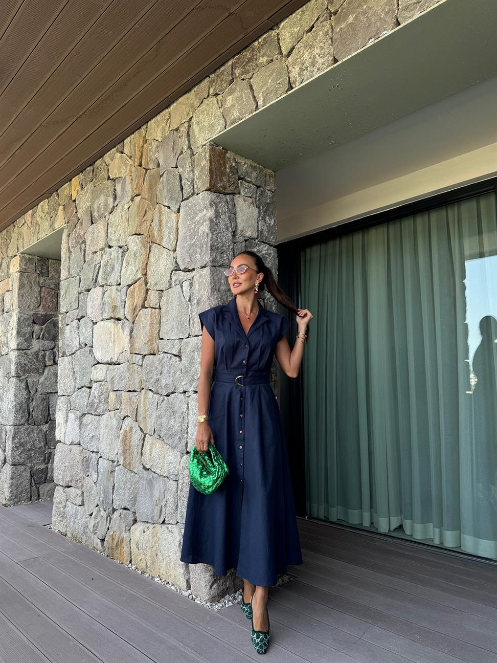 Lacivert Keten Kemerli Elbise