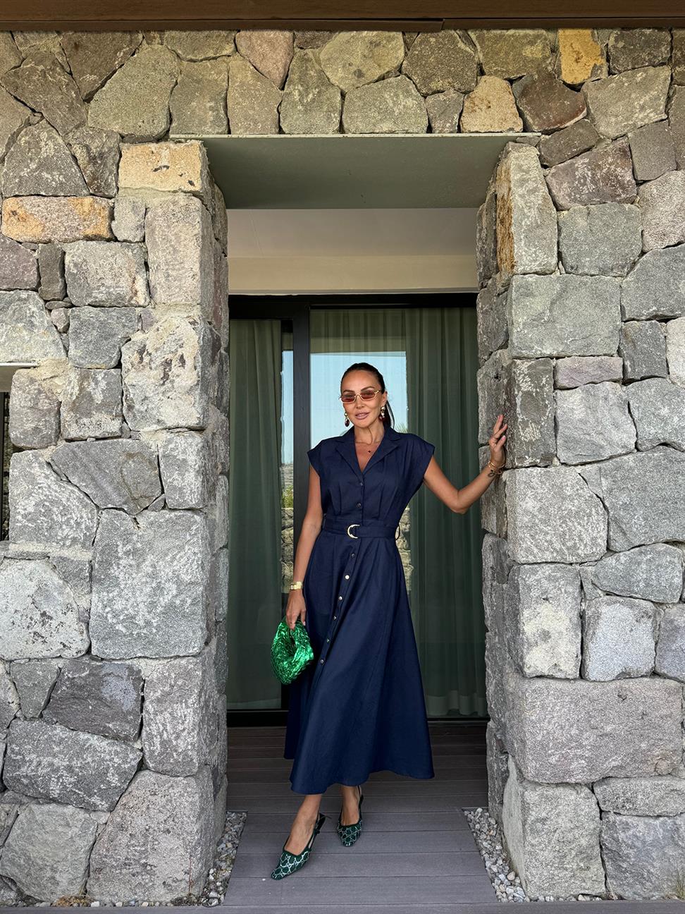 Lacivert Keten Kemerli Elbise