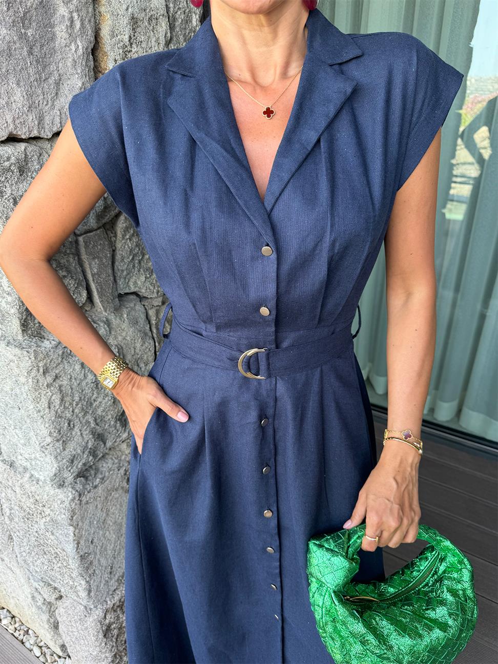 Lacivert Keten Kemerli Elbise