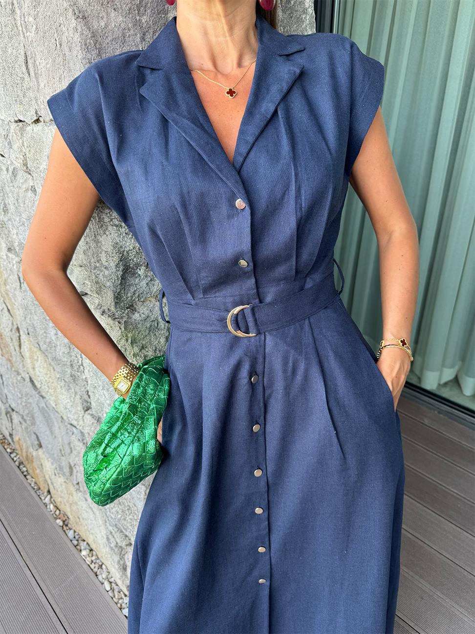 Lacivert Keten Kemerli Elbise