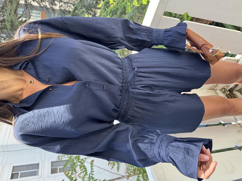 Lacivert Kol Fırfırlı Gömlek Şort İkili Takım