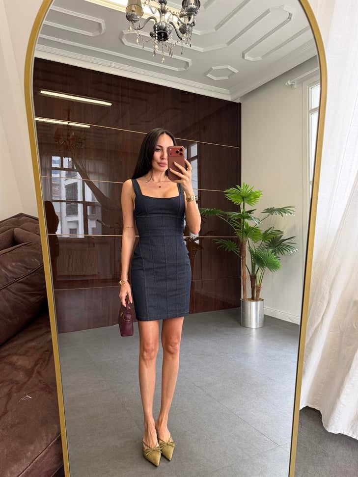 Lacivert Korse Model Gabardin Denim Elbise