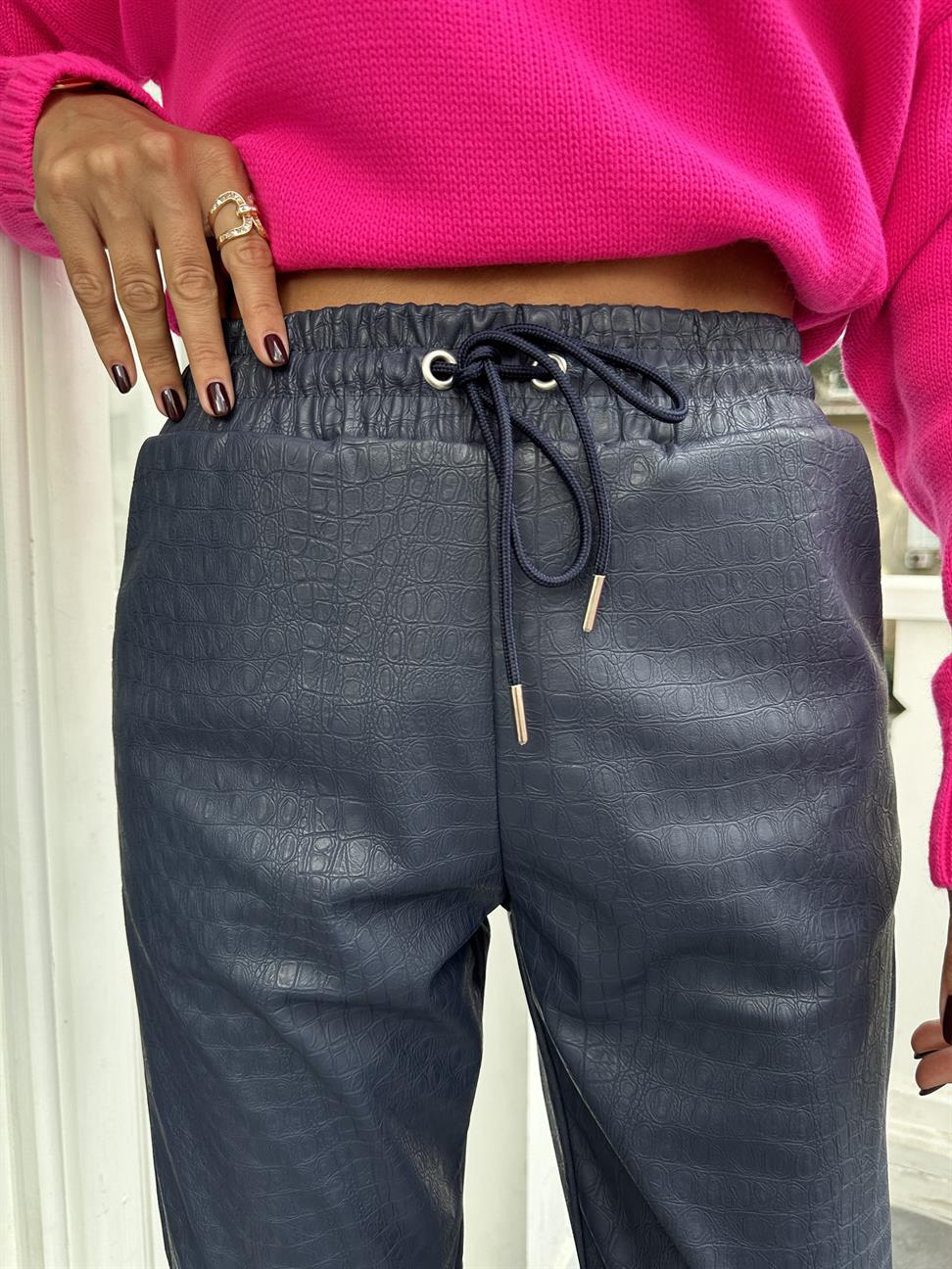 Lacivert Krokodil Çimalı Deri Pantolon