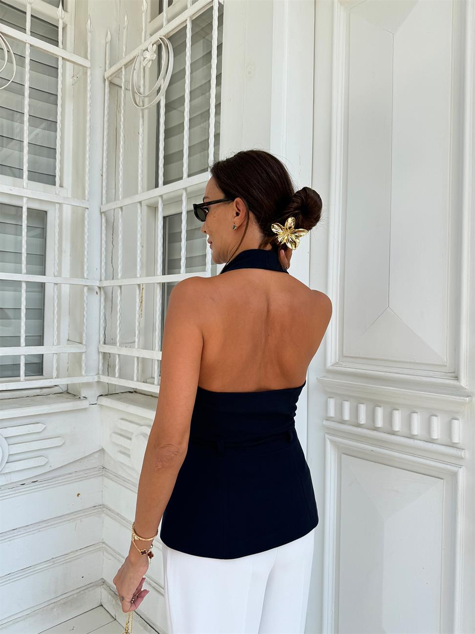 Lacivert Kuşaklı Kumaş Yelek