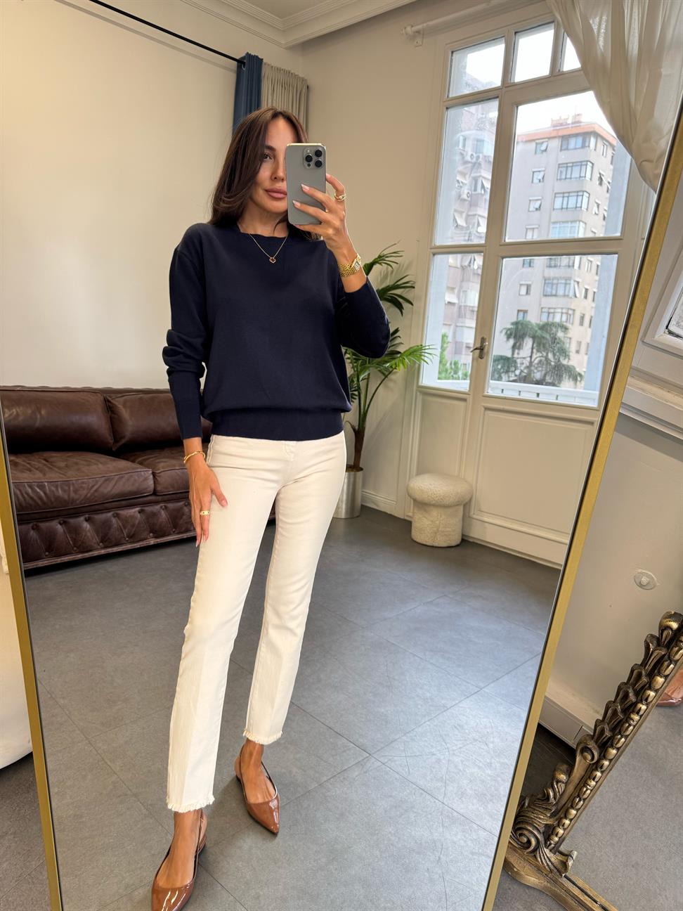 Lacivert Melanj Bisiklet Yaka Yünlü Basic Triko Kazak