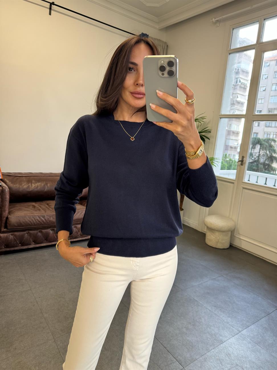 Lacivert Melanj Bisiklet Yaka Yünlü Basic Triko Kazak