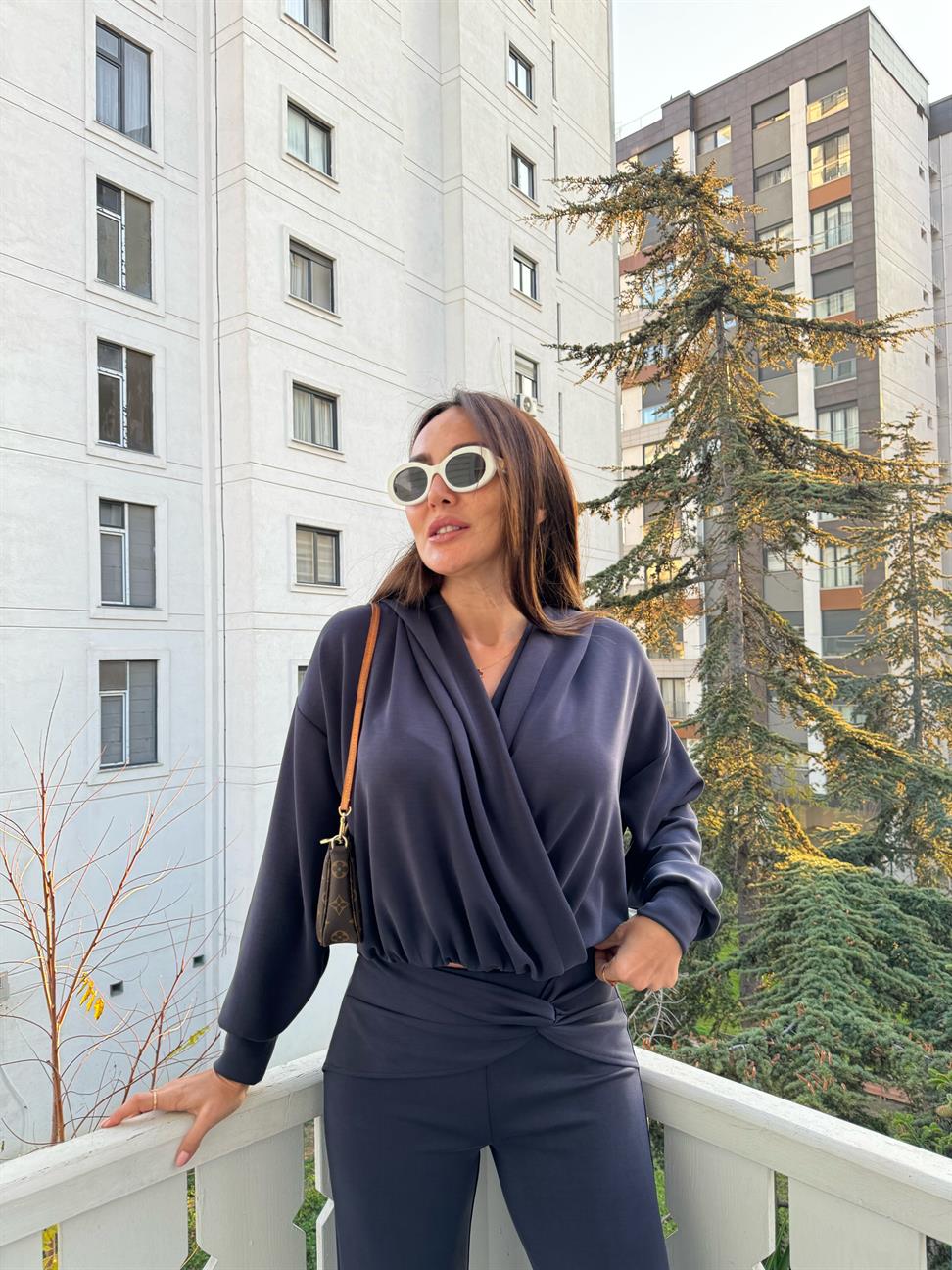 Lacivert Modal Kruvaze Bluz Takım